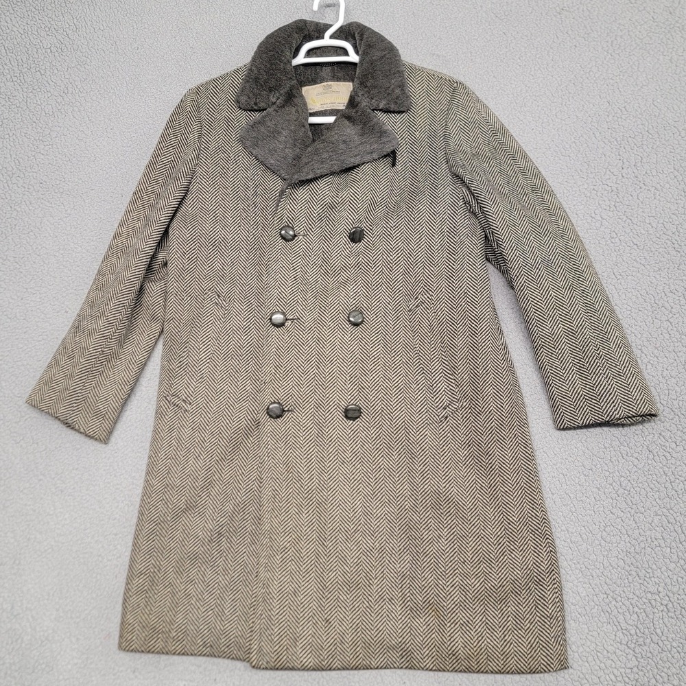 Vintage Aquascutum‎ Balmacaan Coat Mens 40R Scottish Tweed Fur Lined Herringbone